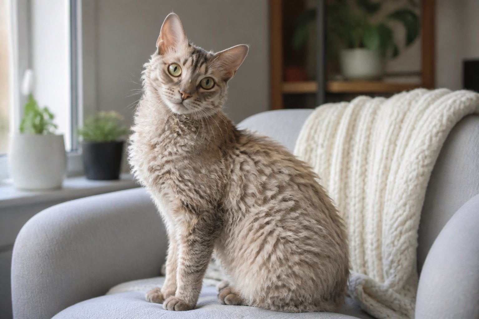A curly-coated LaPerm cat sitting on an armchair in a bright living room.