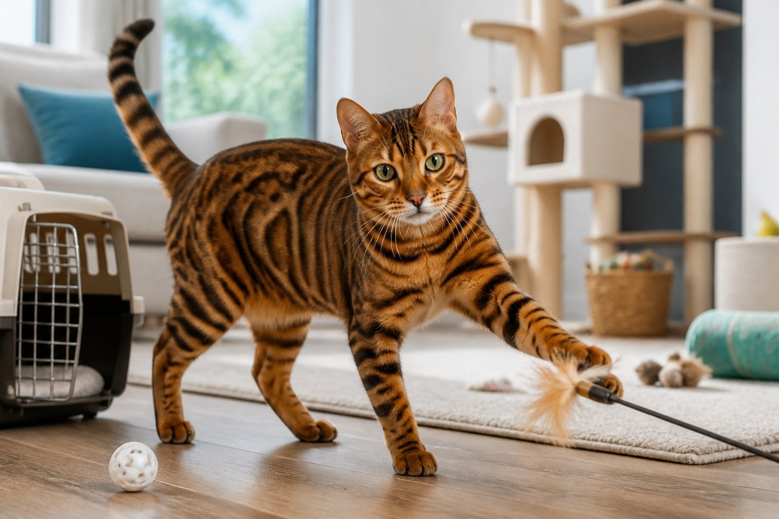 A striped Toyger cat stands alert in a bright modern living room beside pet toys and a climbing tower.