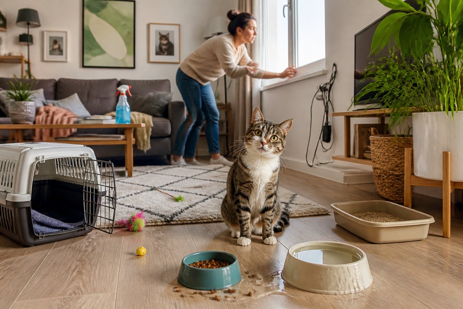 A cat sits in a cluttered home while its owner notices several pet-care mistakes.