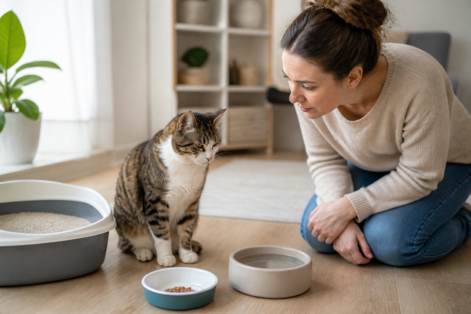 A concerned cat owner observes a lethargic cat beside its food bowl, water bowl, and litter box.