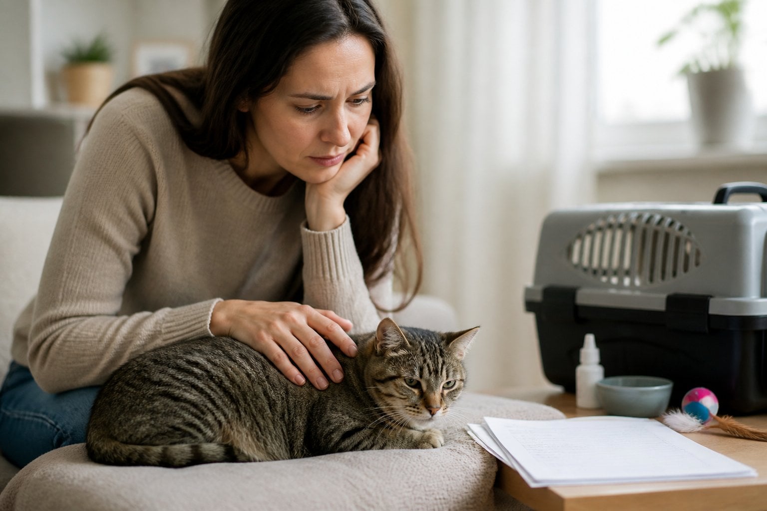 A concerned cat owner observes a tired-looking tabby cat at home.