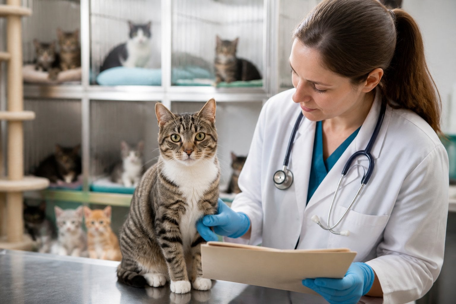 A veterinarian examines an adult cat in a shelter room with other cats and kittens in the background.