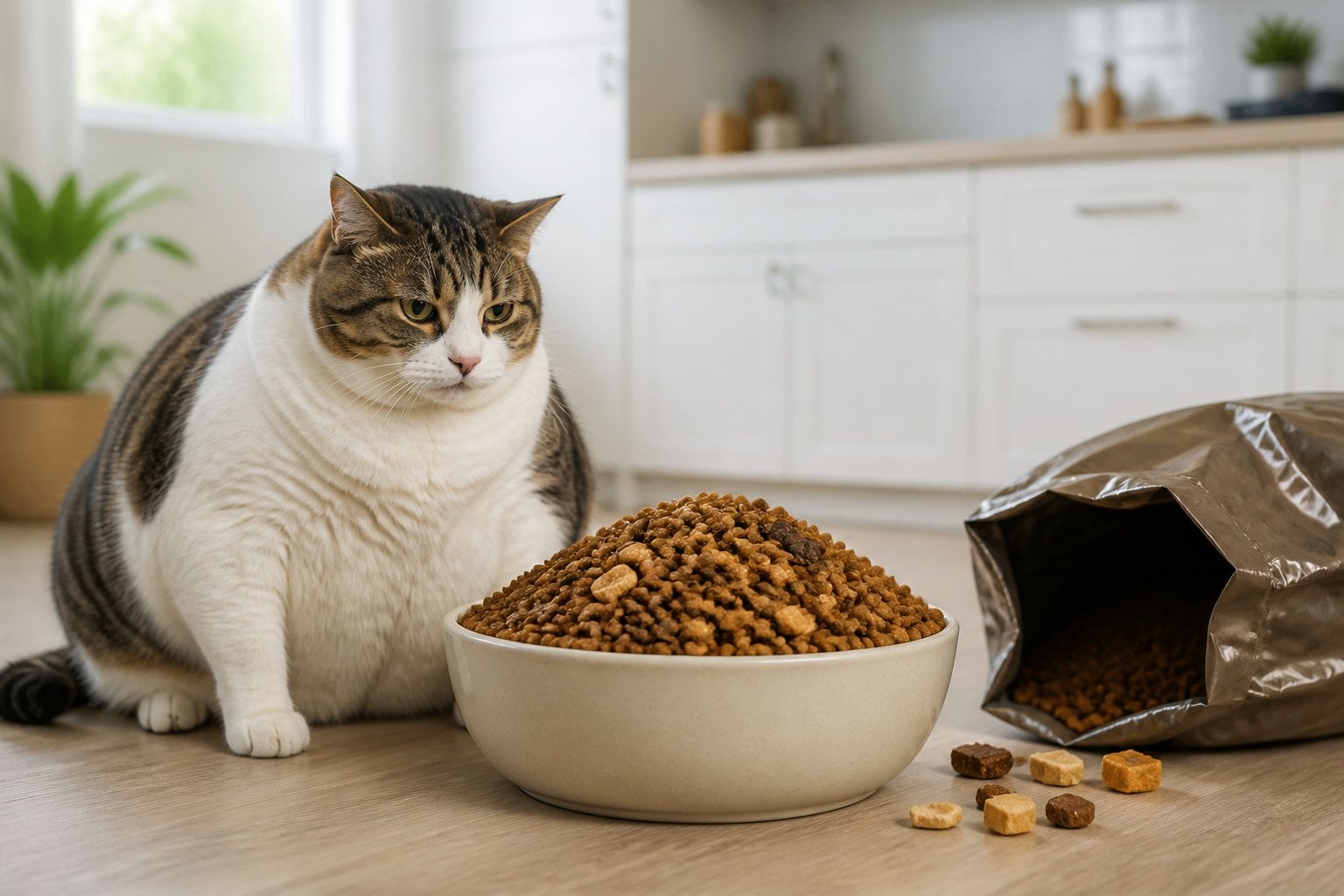 An overweight cat sits beside a large bowl of kibble and several treats.