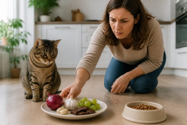 A cat sits beside a plate of onions, garlic, chocolate, and grapes while a person removes the harmful foods.