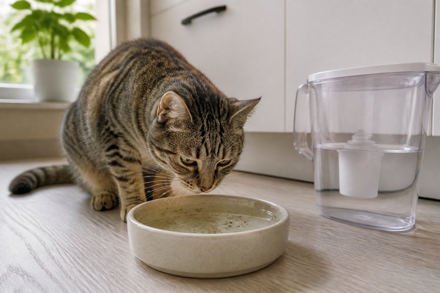 A cat hesitates beside a bowl of stale-looking water in a home.
