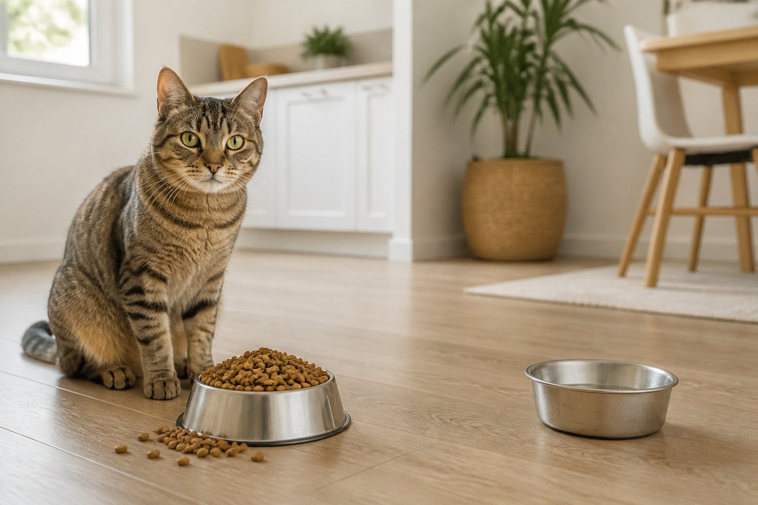 A cat sits beside a bowl of dry kibble and an almost empty water bowl.