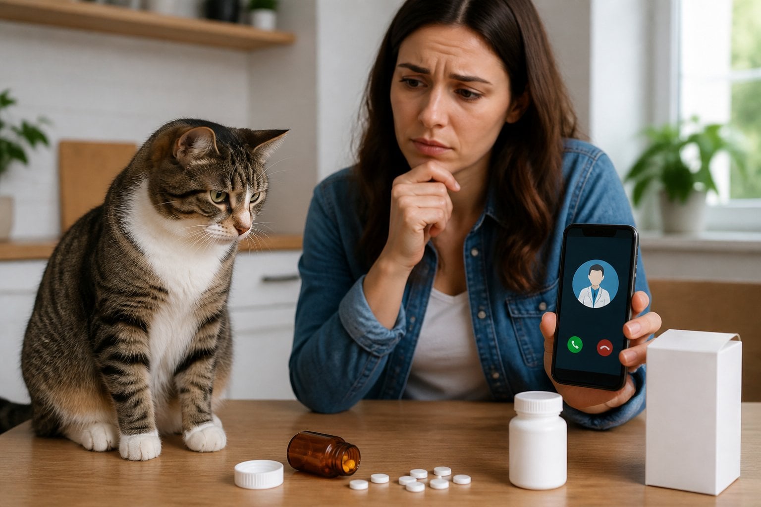 A worried cat owner pauses beside a cat and an open bottle of pills while seeking veterinary advice.