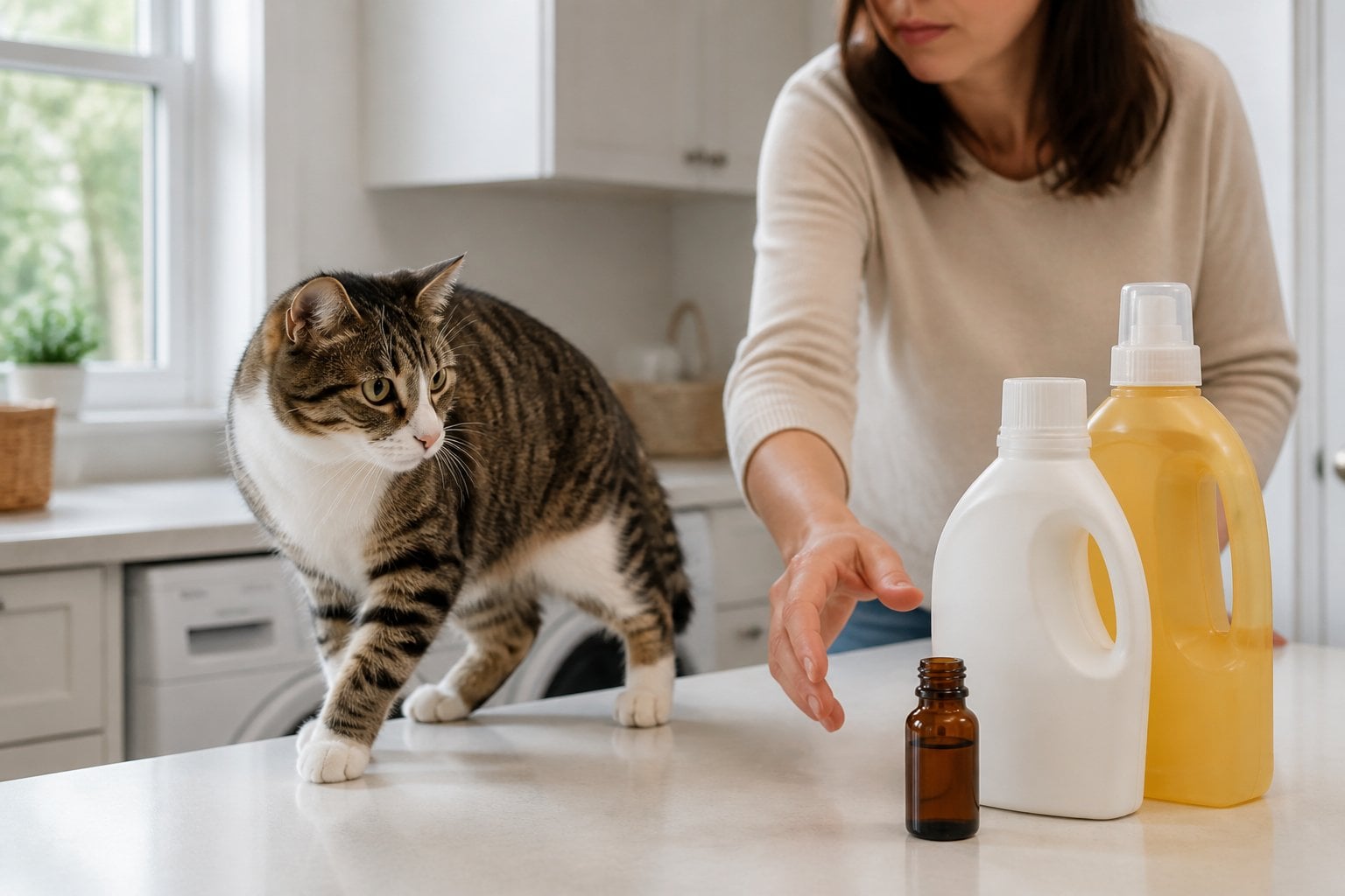 A cat cautiously avoids essential oil and household cleaning products while its owner removes them from reach.