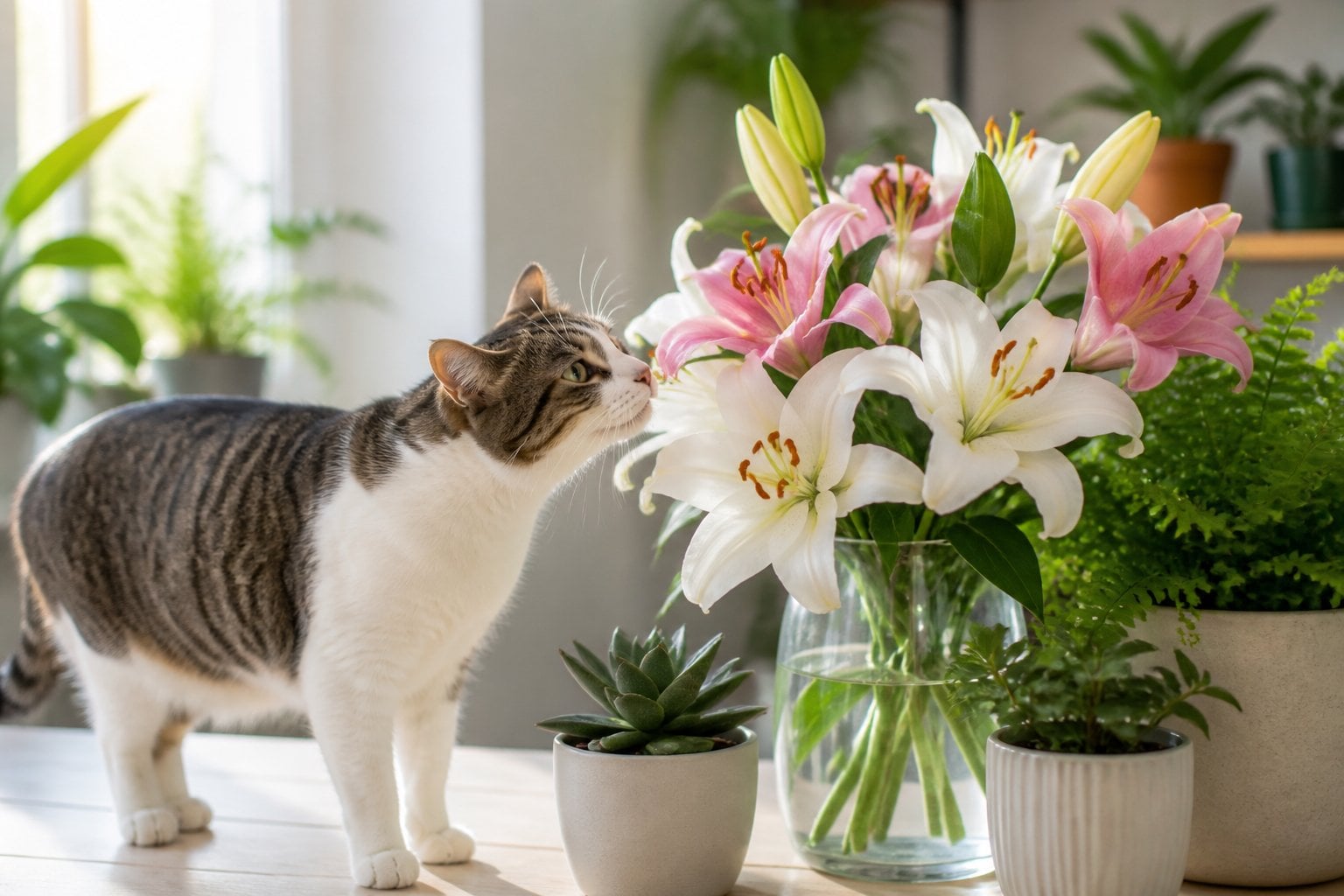A cat cautiously sniffs near lilies and other houseplants indoors.