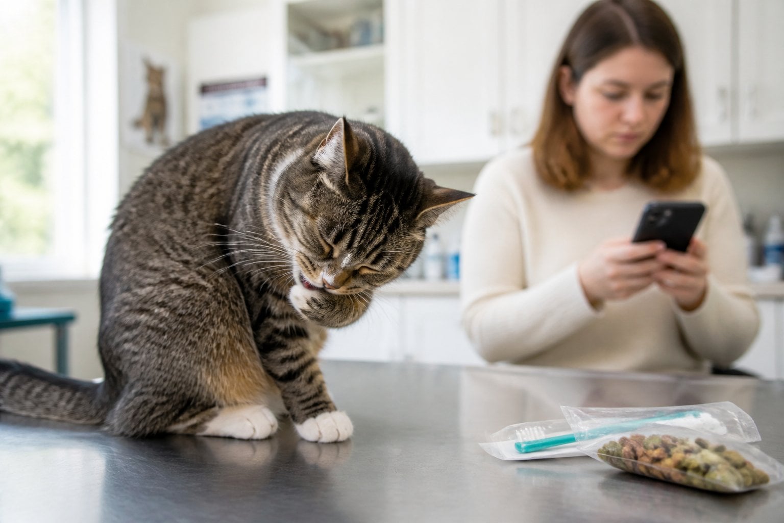 A cat showing signs of mouth discomfort while its distracted owner ignores nearby dental-care supplies.