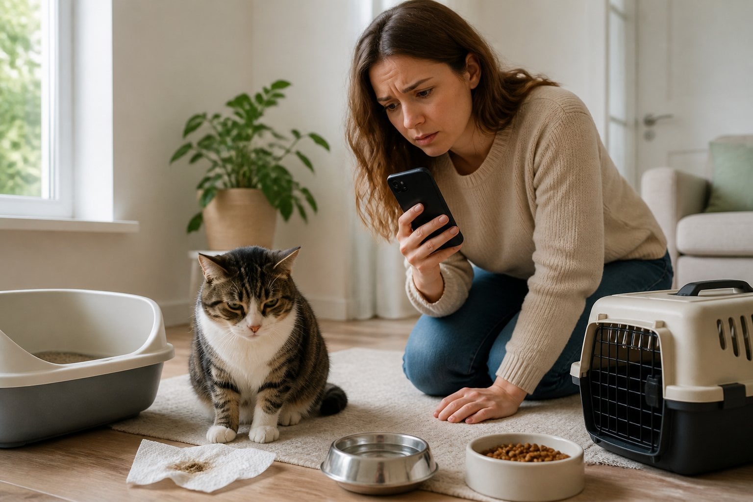 A worried cat owner observes a tired cat beside its litter box while preparing to seek veterinary care.