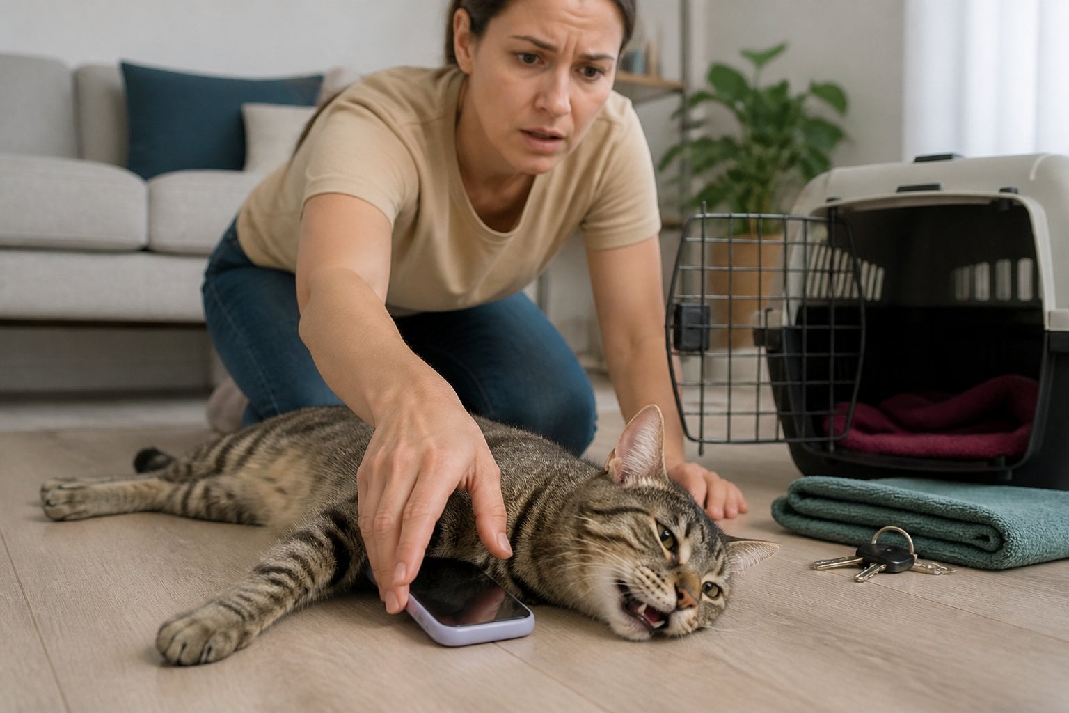 A distressed cat lies on the floor while its concerned owner prepares to seek emergency veterinary care.