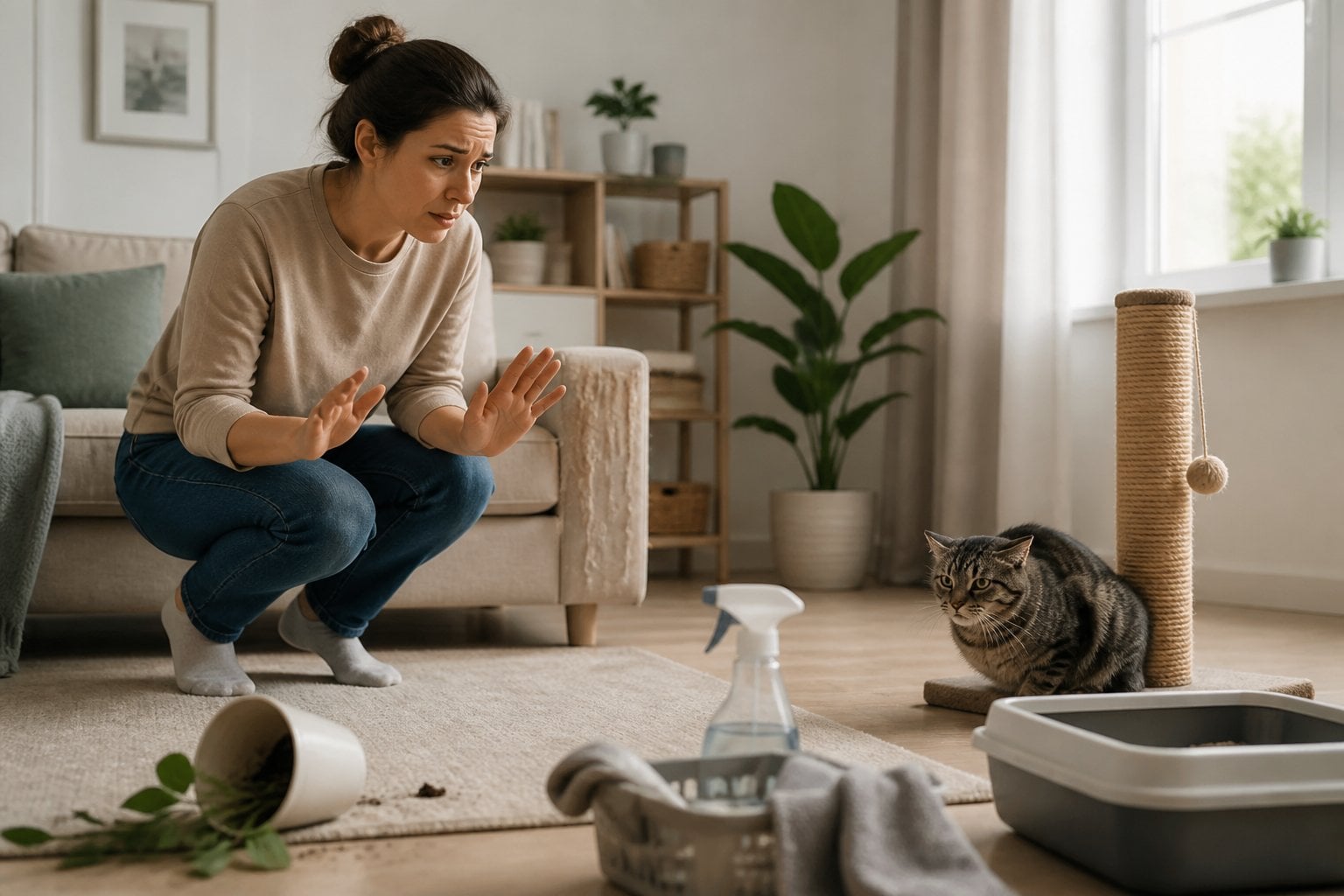 A concerned cat owner keeps a safe distance from a frightened cat near a scratching post and litter box.