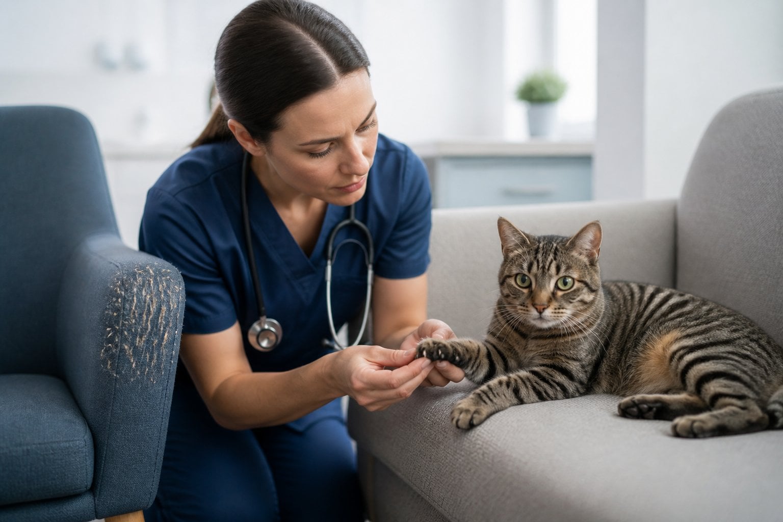 A veterinarian gently examines a cat’s paw beside a scratched sofa.