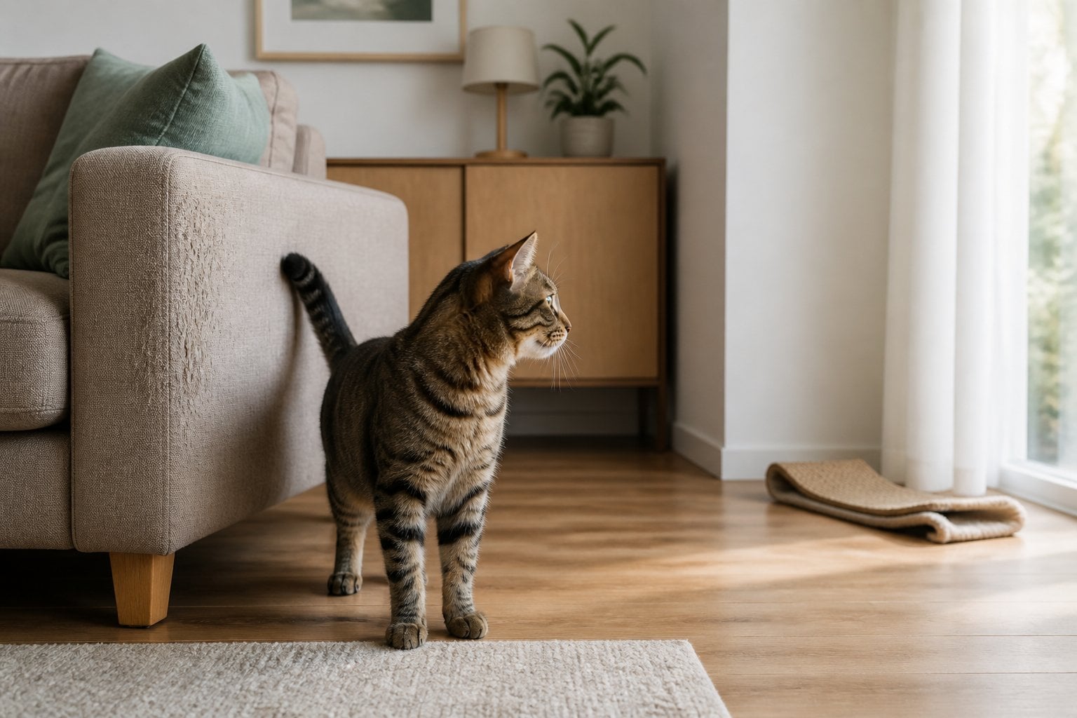A house cat stands beside a sofa with scratch marks and no accessible scratching post.