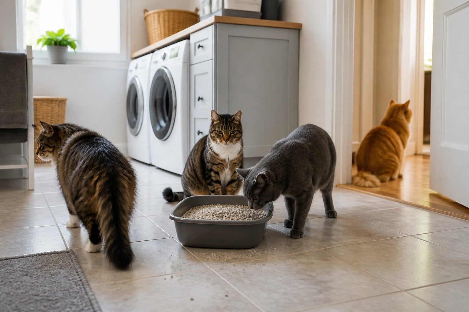 Three cats wait around a single overused litter box in a small home utility room.
