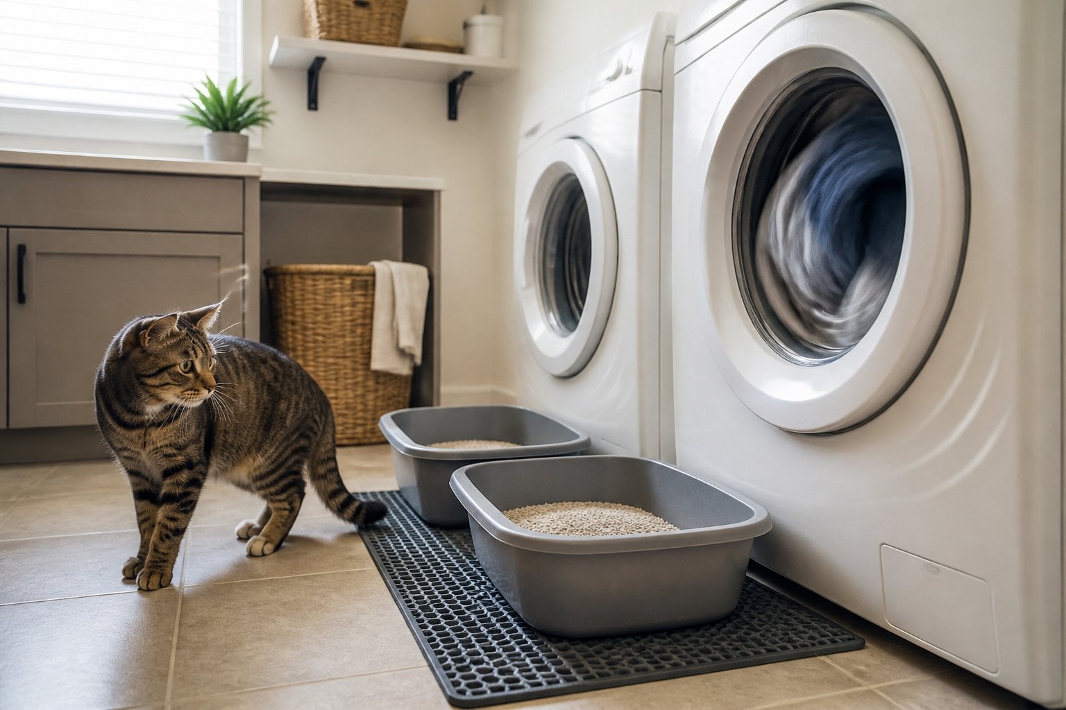 A hesitant cat stands beside litter boxes placed next to a washing machine and dryer.