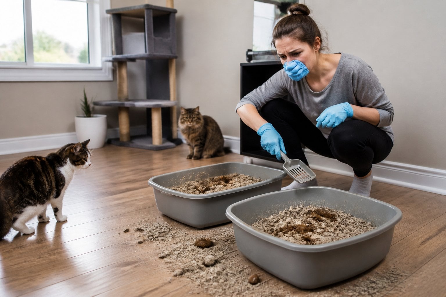 A concerned cat owner stands beside two dirty, overfilled litter boxes while cats keep their distance.