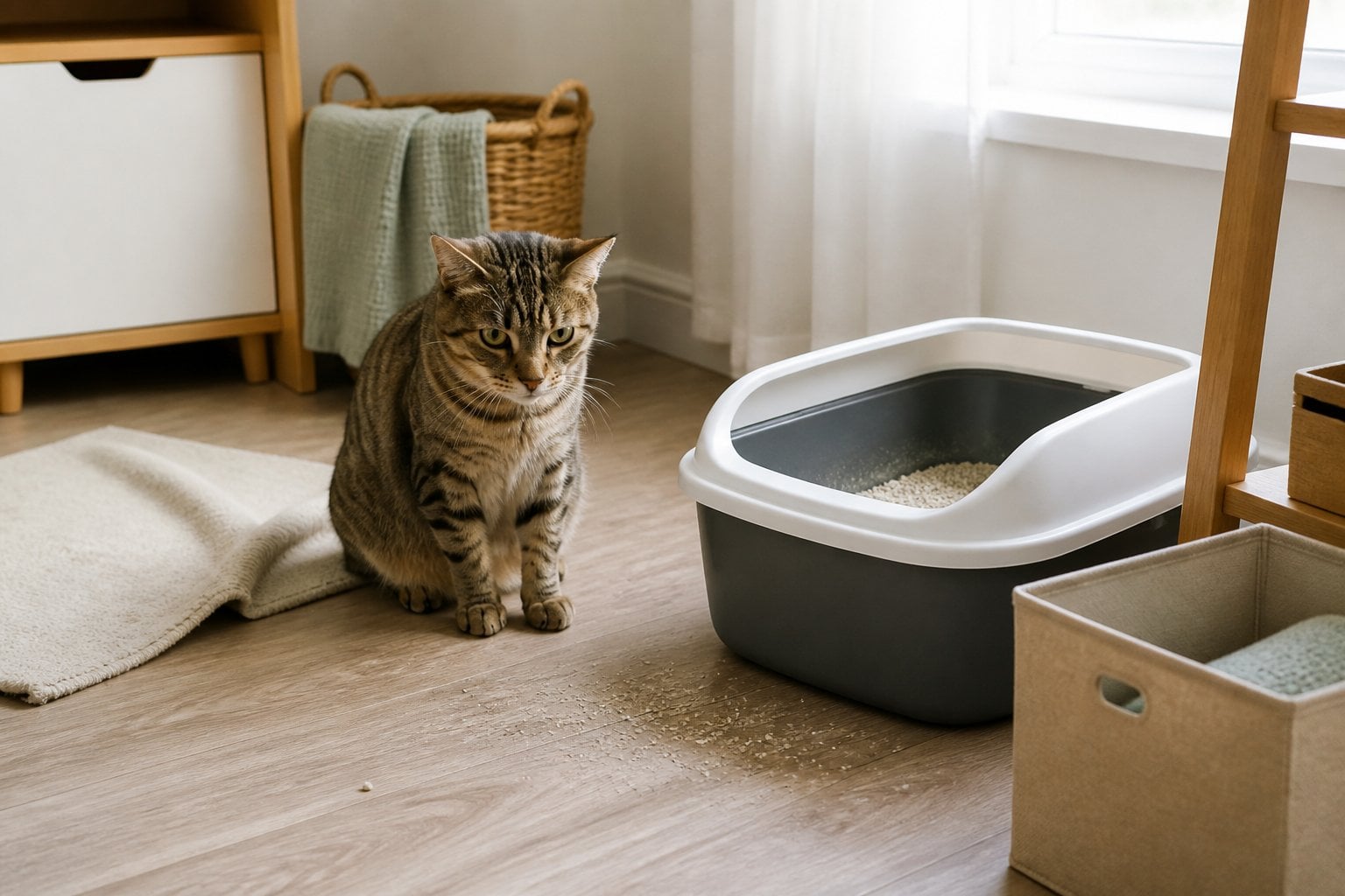 A hesitant cat sits beside a litter box in a rearranged home.