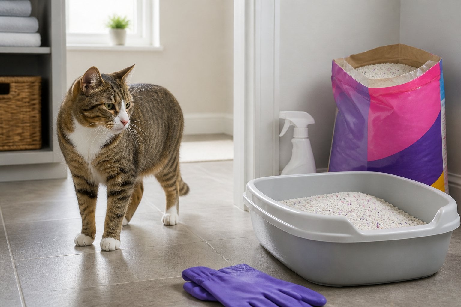 A cat cautiously avoids a litter box near cleaning supplies and scented litter.