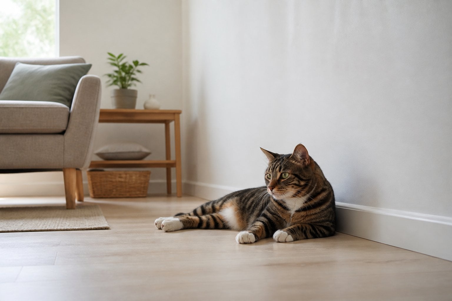 A bored indoor cat sits on the floor in a room without climbing, hiding, or hunting opportunities.