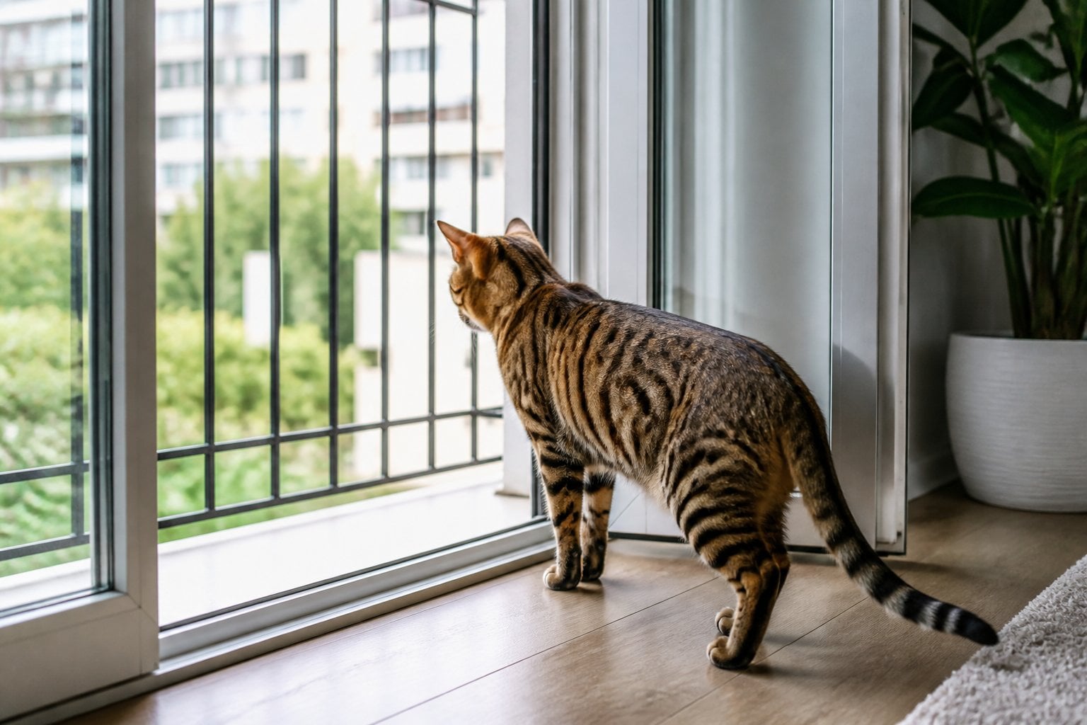 A cat stands beside an open, unsecured apartment window.