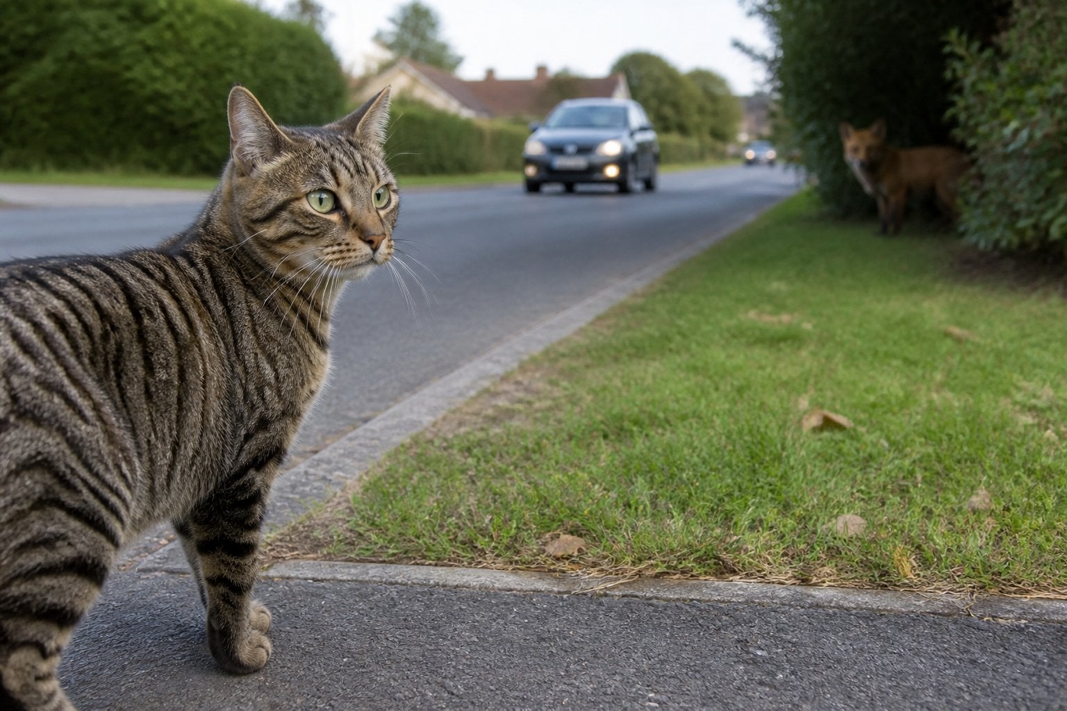 A tabby cat stands near a roadside while traffic and a fox are visible in the background.