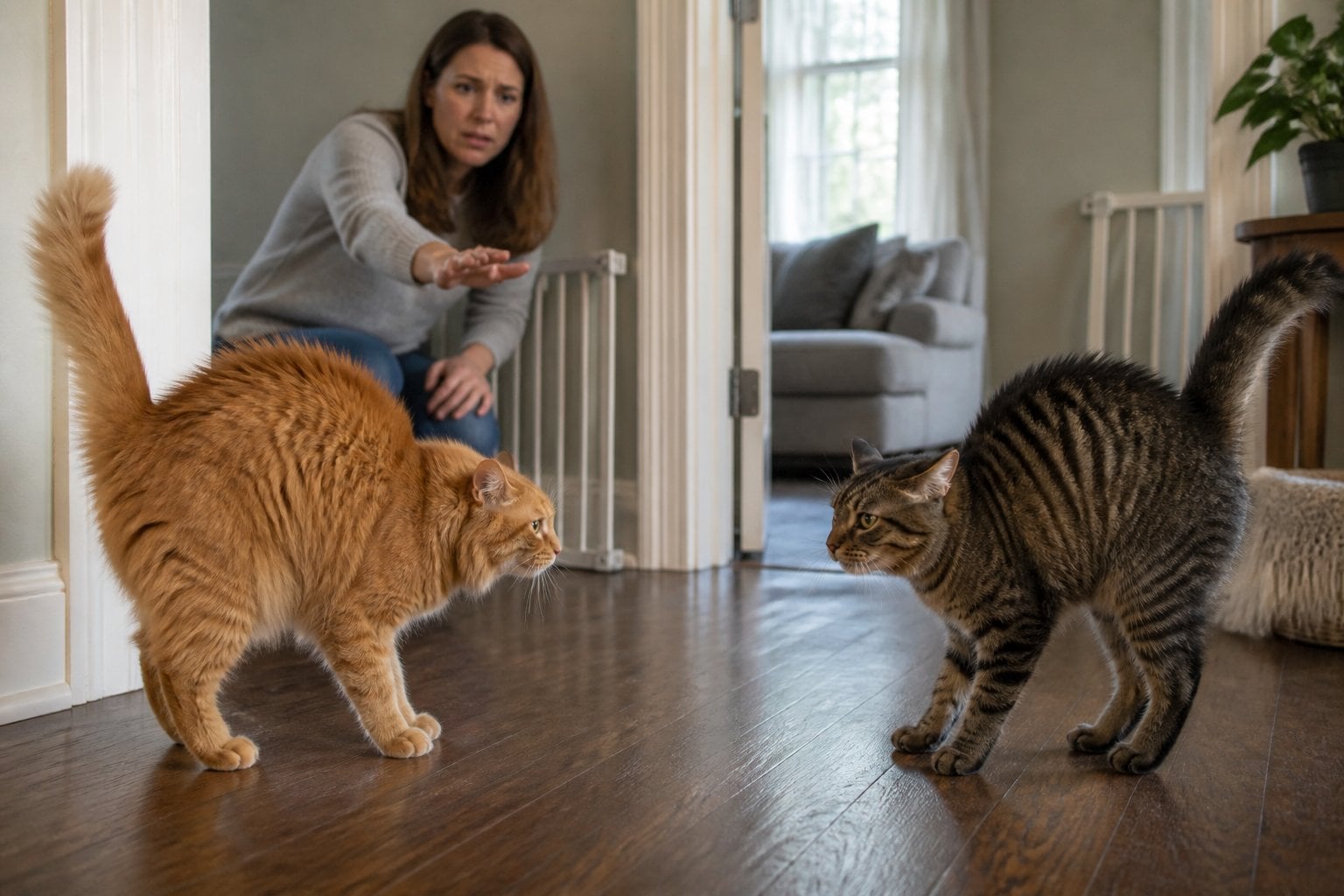 Two stressed cats face each other defensively in a home while their concerned owner stands nearby.