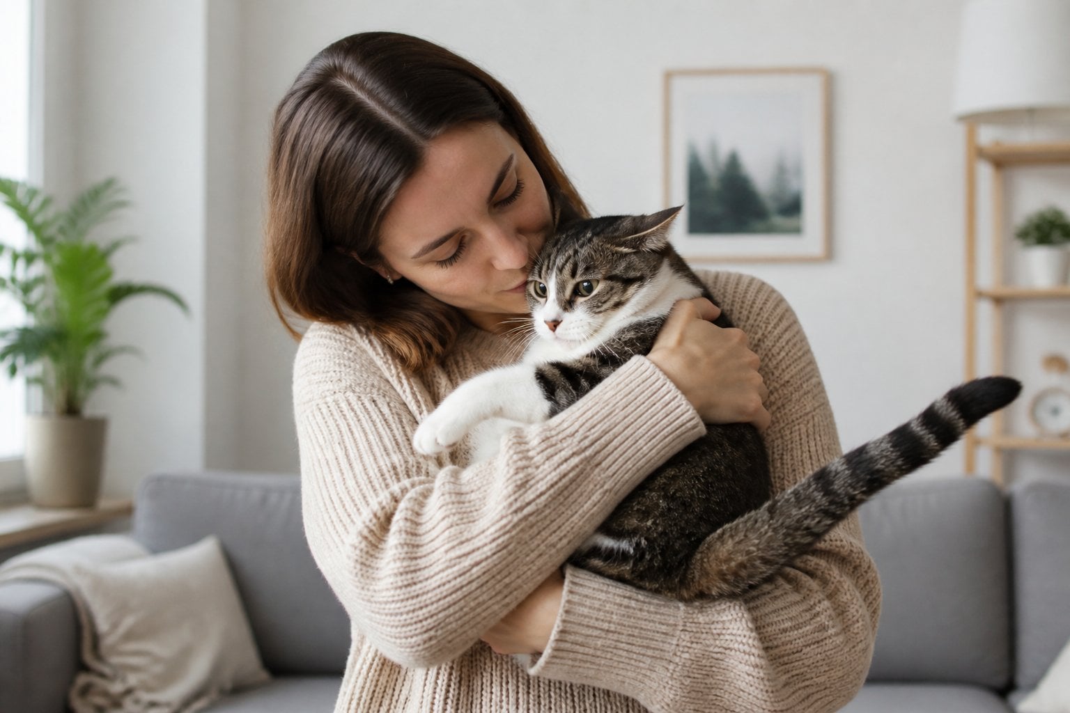 A person hugs a tense cat that is showing discomfort by flattening its ears and widening its eyes.
