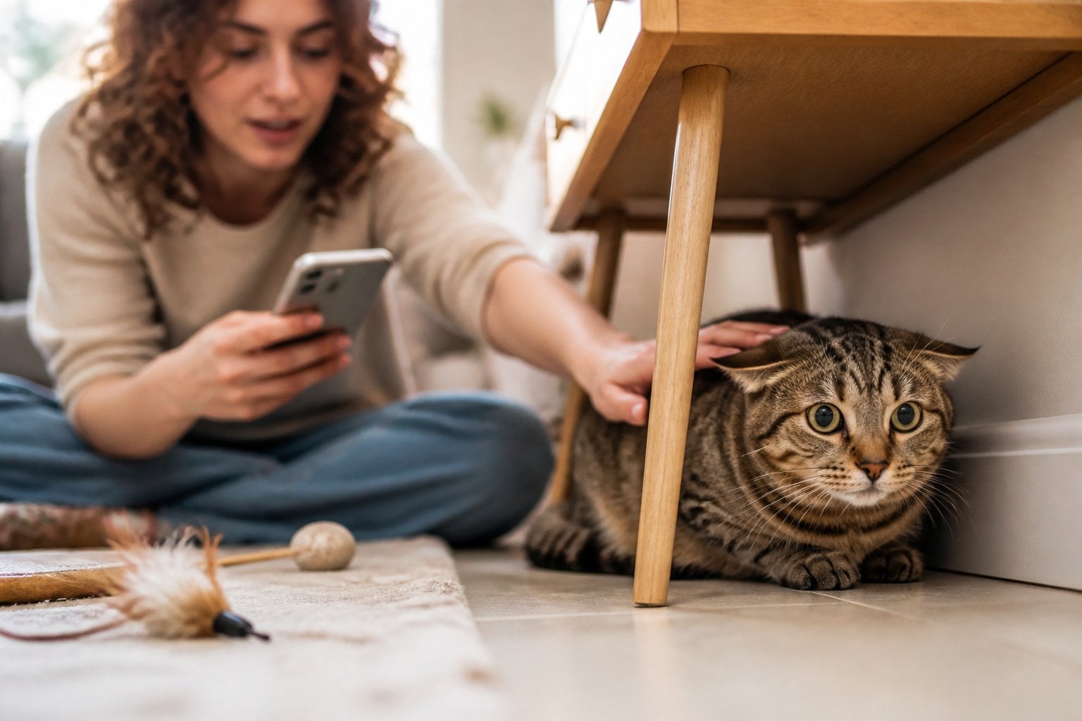 A frightened cat crouches near a wall while its owner reaches toward it without noticing its distress.