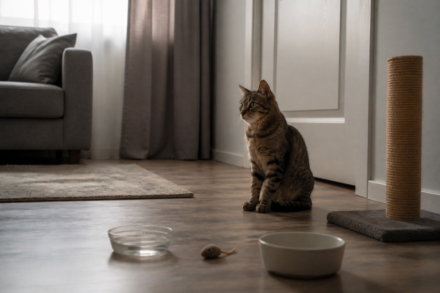 A cat sits alone in a quiet living room beside empty bowls and an untouched toy.