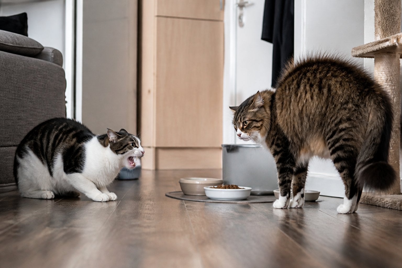 Two tense cats face each other in a crowded home while showing signs of stress.