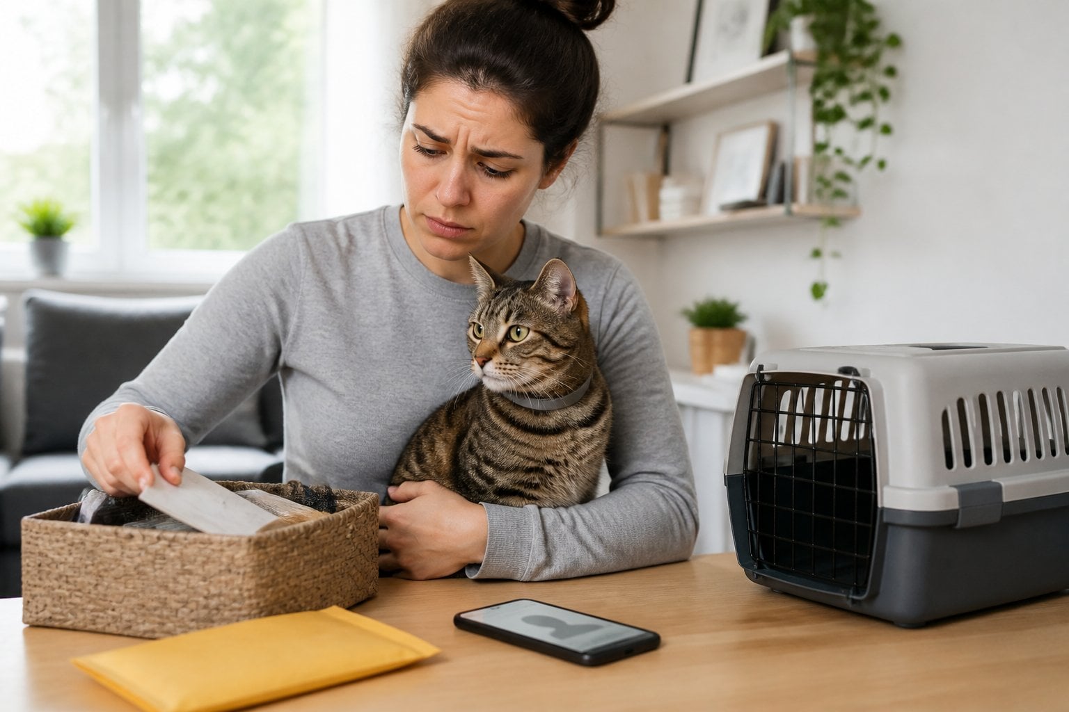 A worried cat owner holds an indoor cat while searching for identification information in a home.