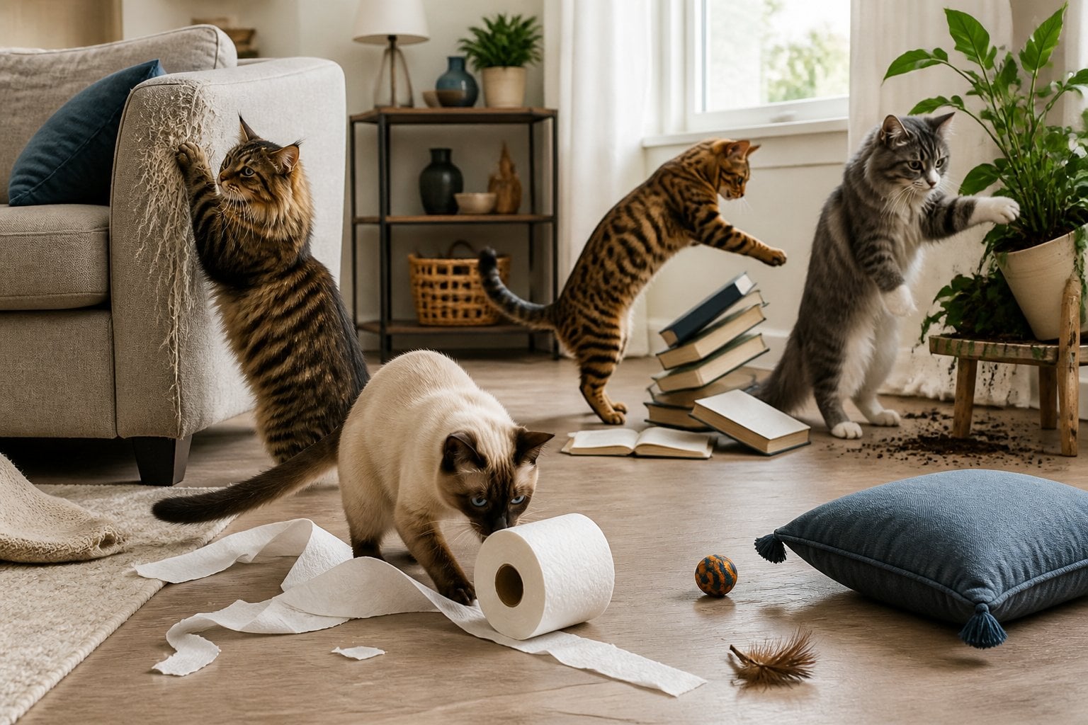 Several cats make a playful mess in a living room by scratching furniture, scattering books, pulling toilet paper, and disturbing a houseplant.