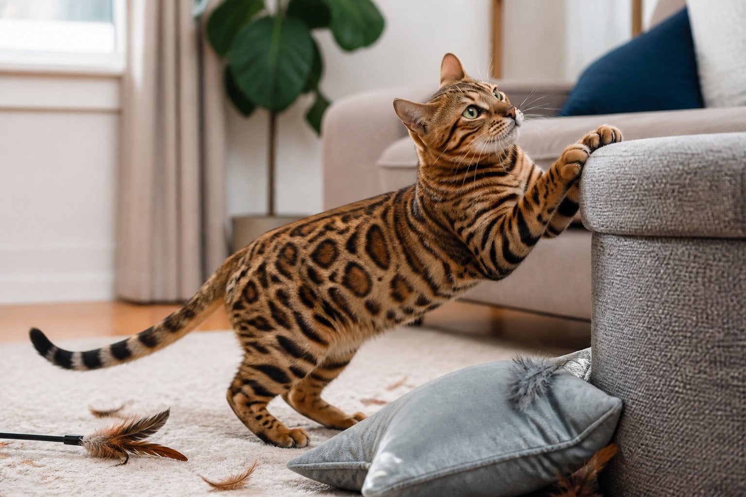 A Bengal cat playfully tugs at a cushion in a modern living room.