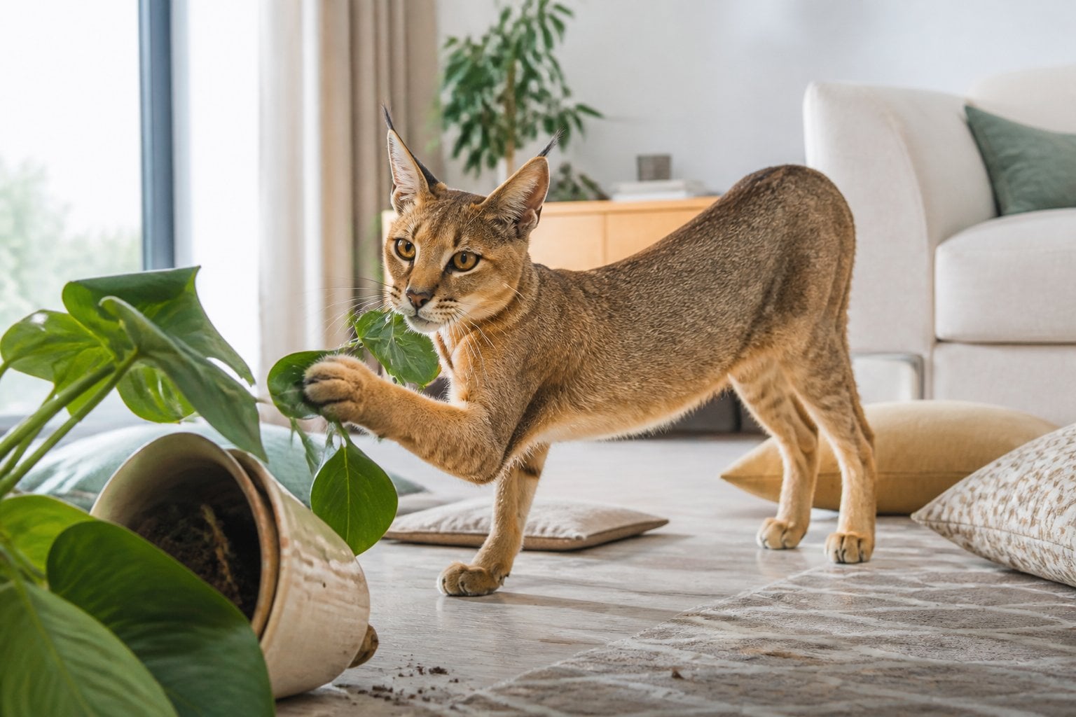 A Chausie cat pulls at a houseplant beside a toppled pot in a home.