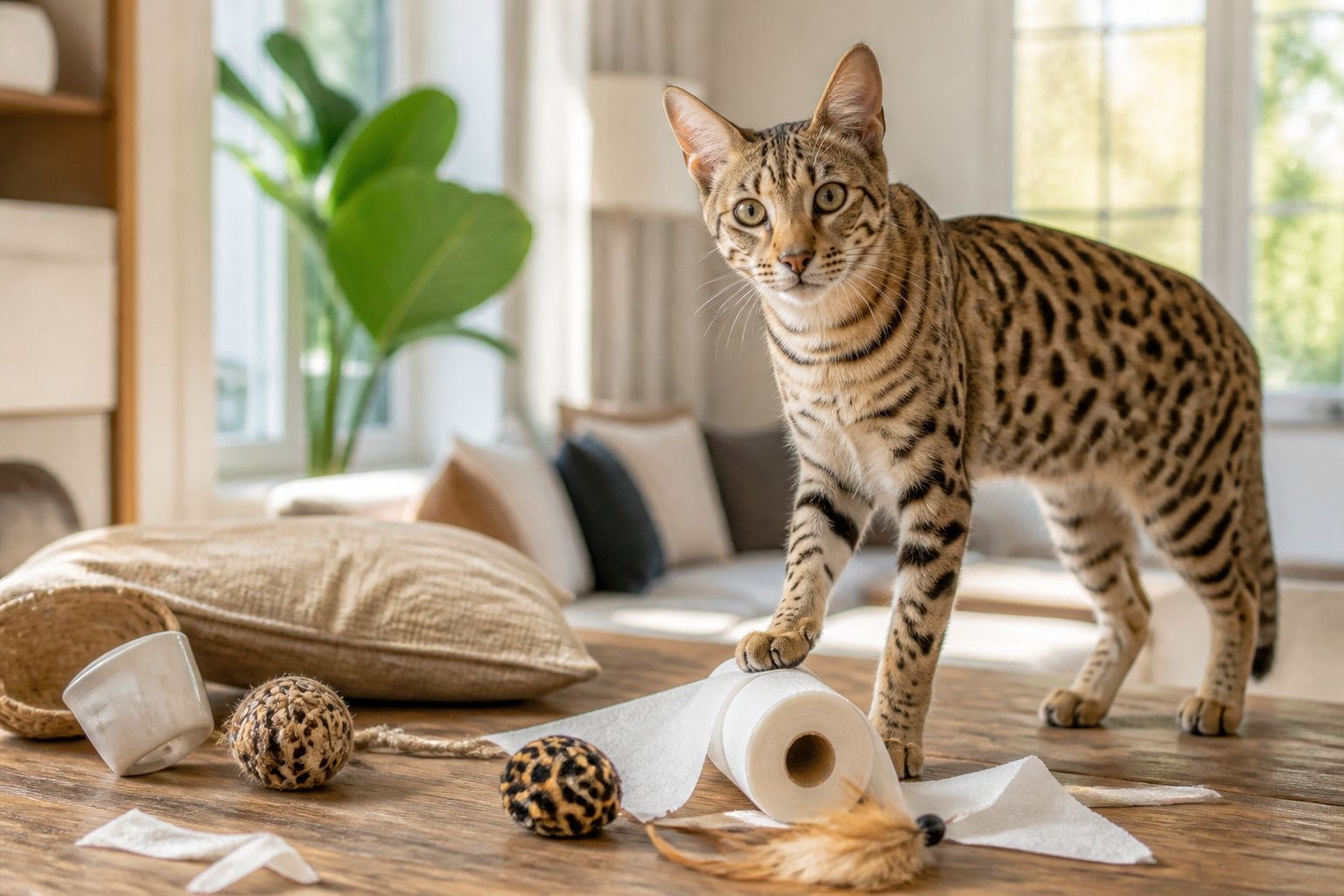 A spotted Savannah cat stands among scattered household items in a bright living room.