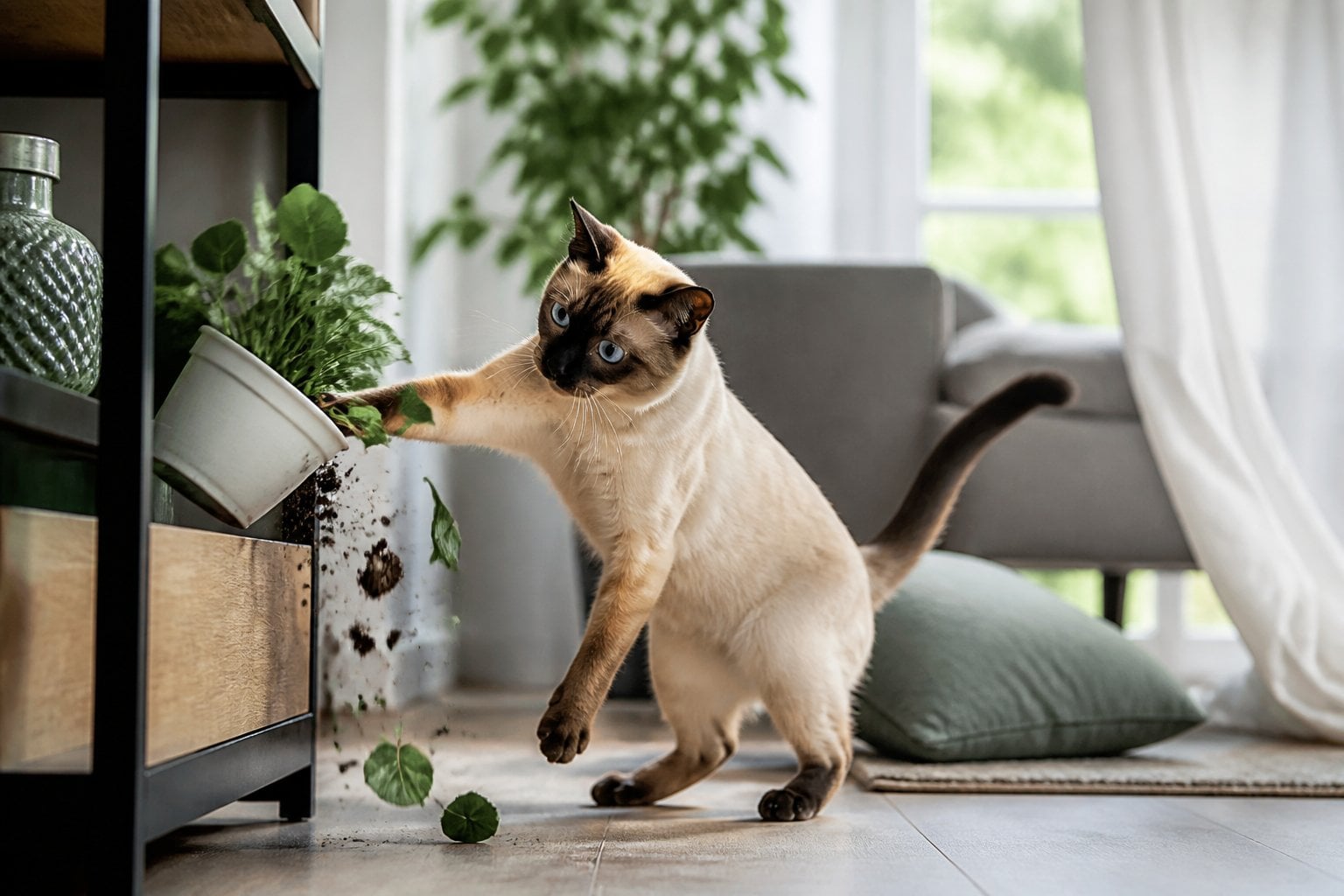 A Siamese cat knocks a potted plant from a shelf in a living room.
