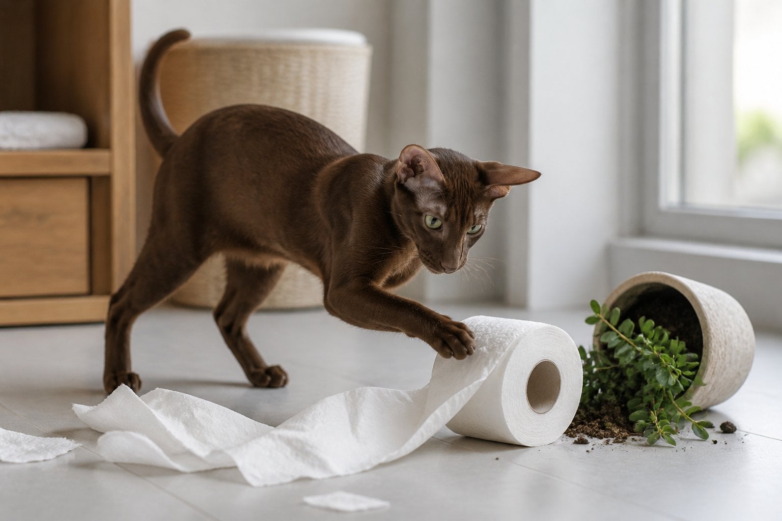 An Oriental Shorthair cat paws at an unraveled roll of paper beside an overturned plant pot.