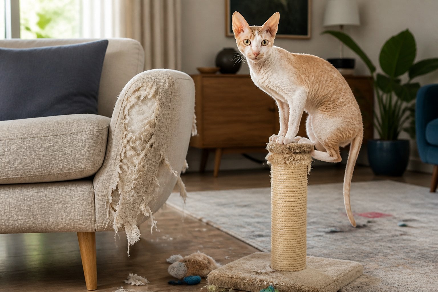 A curly-coated Cornish Rex cat scratches an armchair beside a scratching post in a living room.