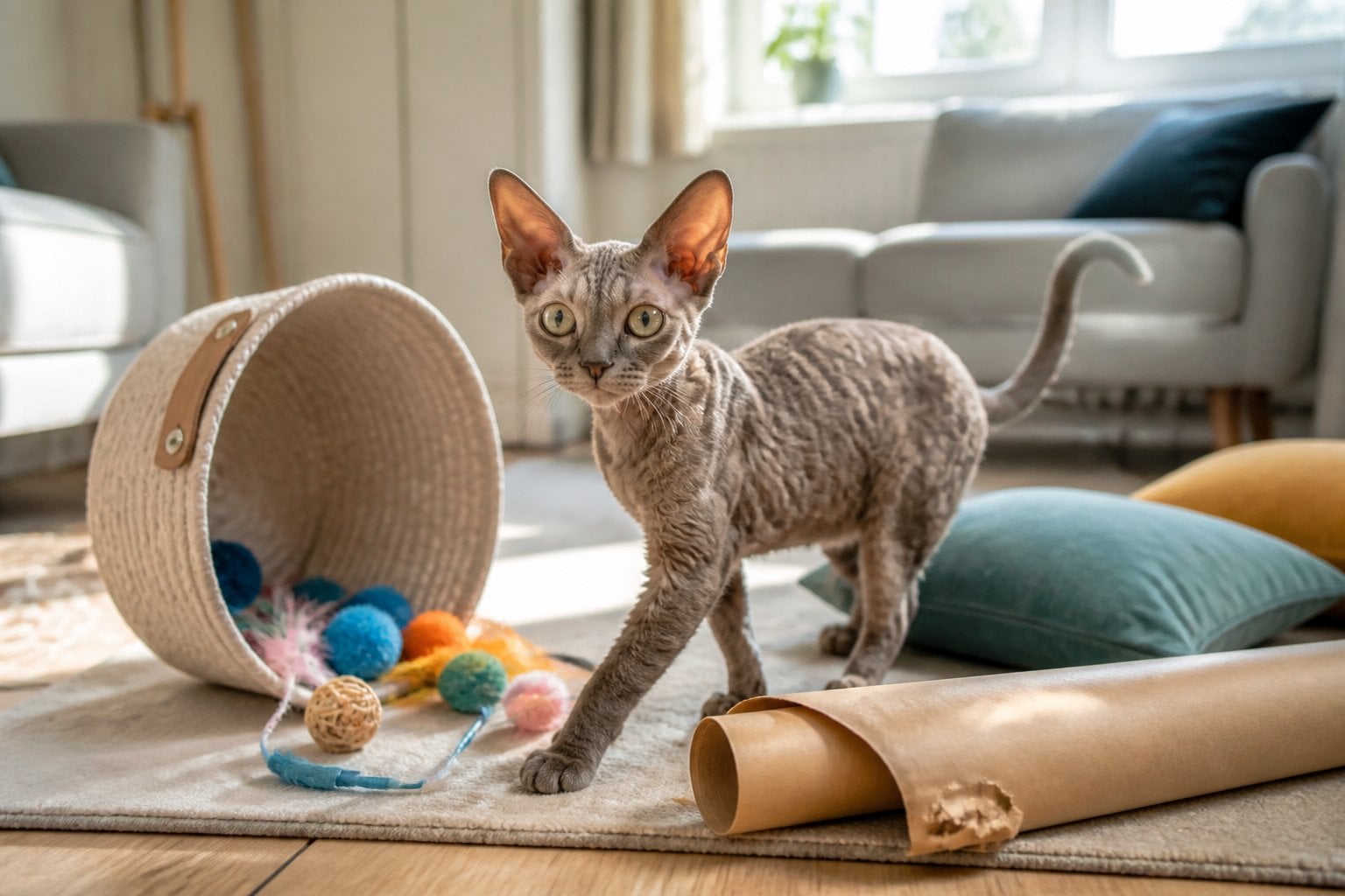 A Devon Rex cat explores scattered toys and cushions in a home.