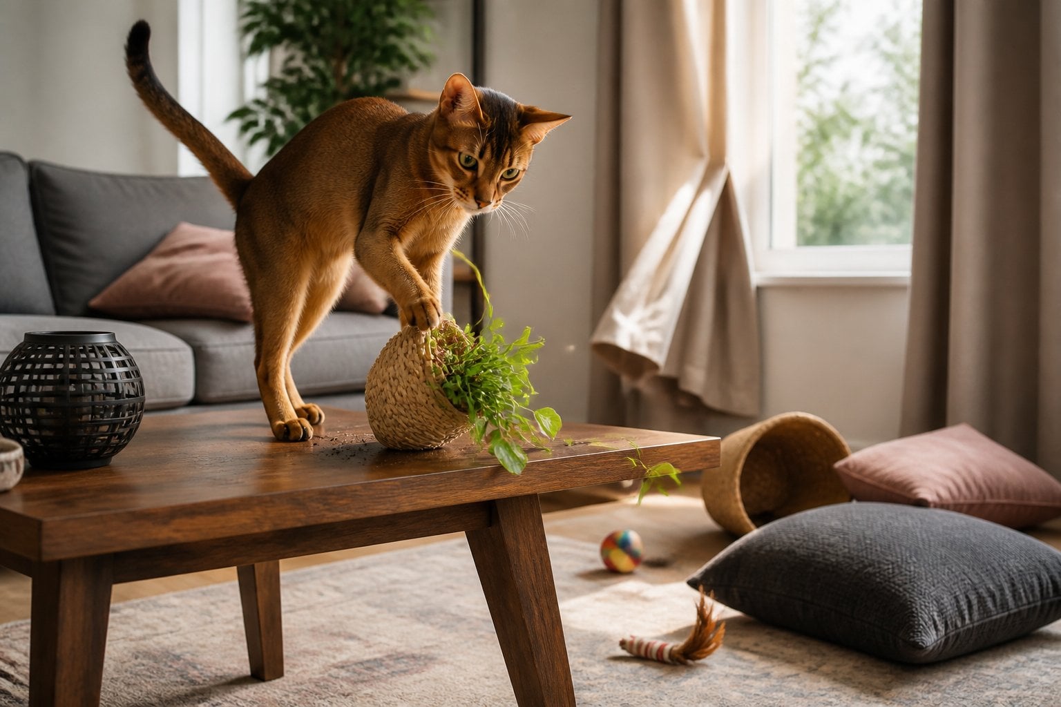 An Abyssinian cat stands on a side table beside a slightly disturbed houseplant in a living room.