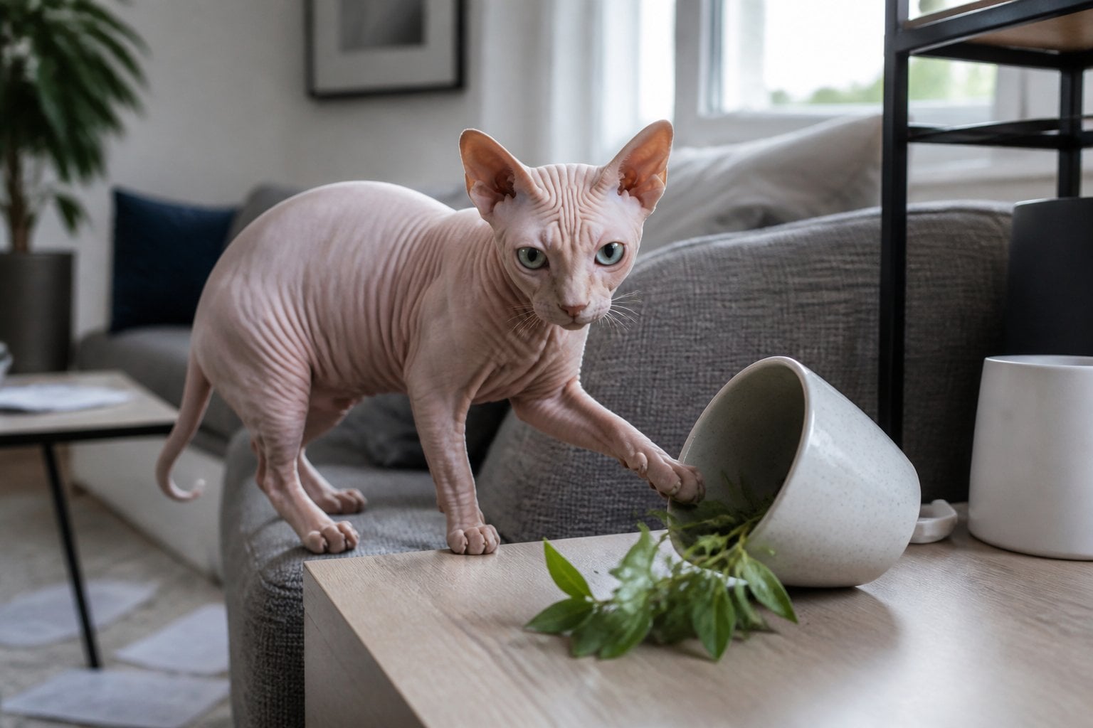 A Sphynx cat mischievously disturbing household items in a modern living room.