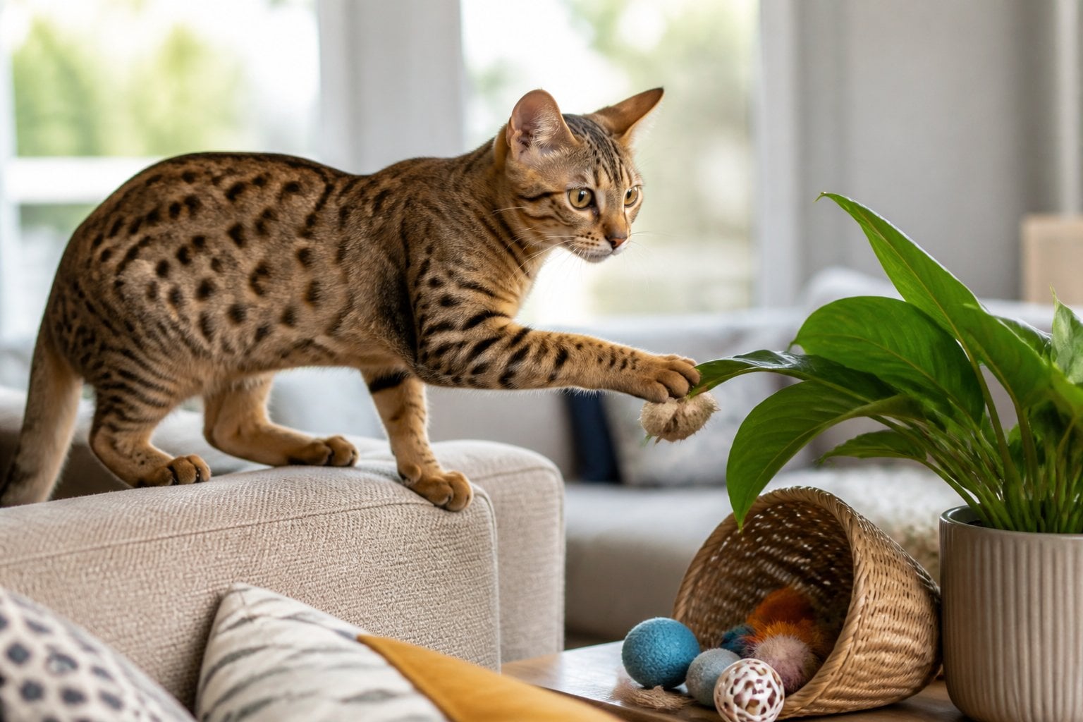 An Ocicat cat investigates scattered toys and a displaced houseplant in a modern living room.