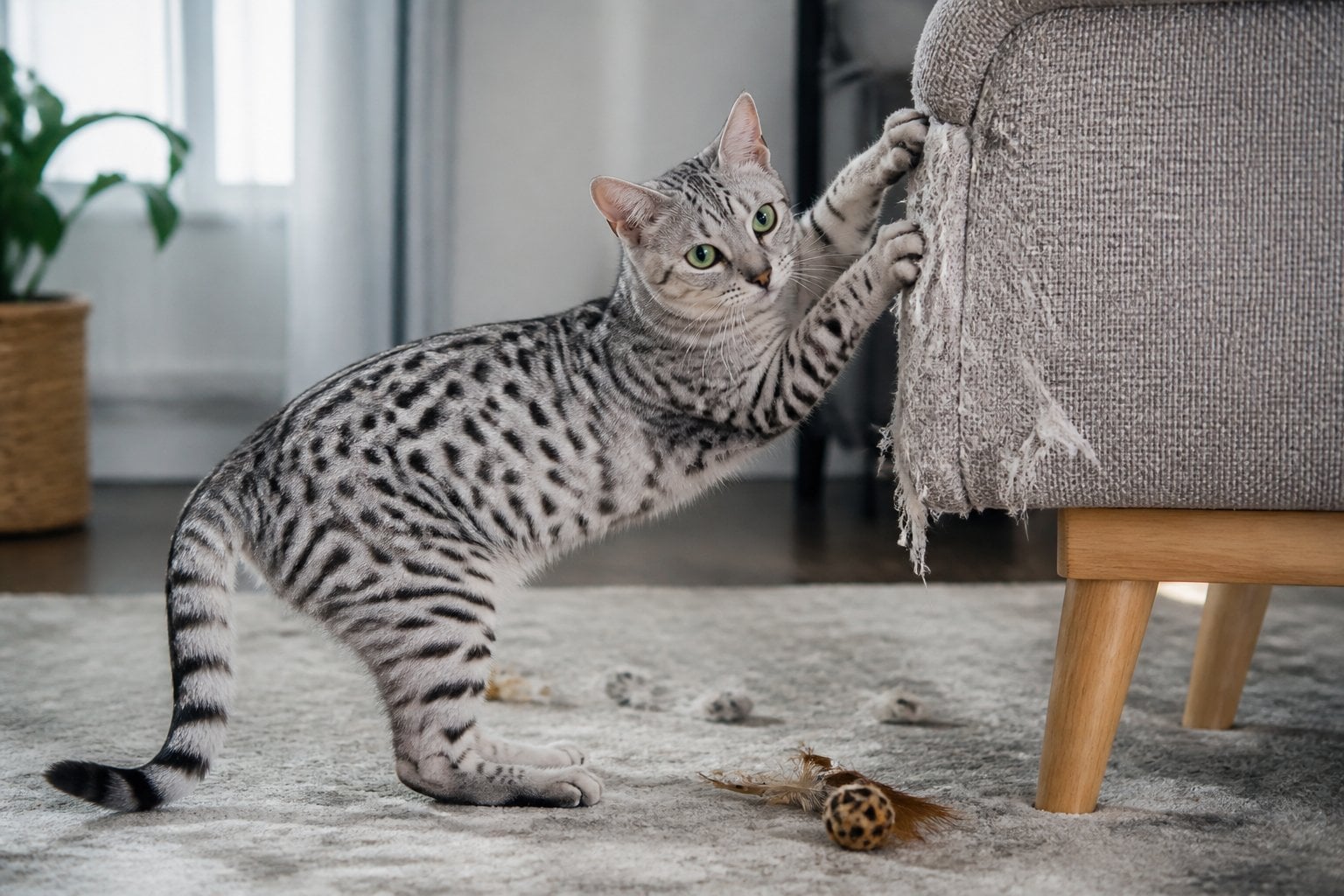 An Egyptian Mau cat scratches the corner of an upholstered armchair in a modern home.