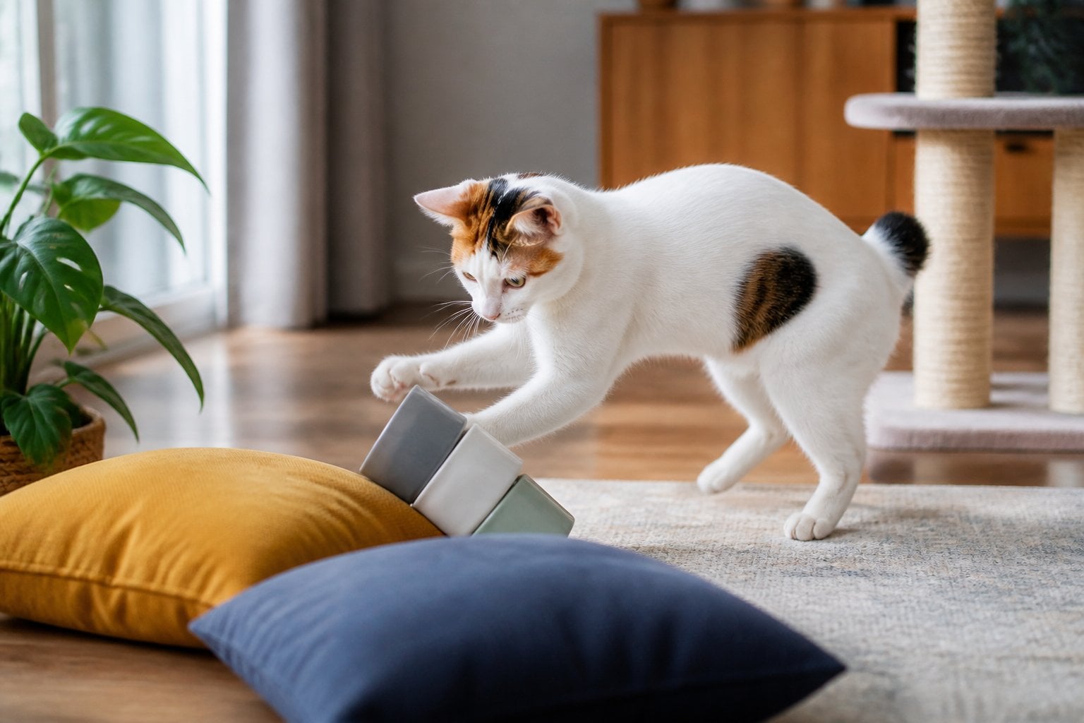 A Japanese Bobtail cat playfully knocks over household objects in a modern home.