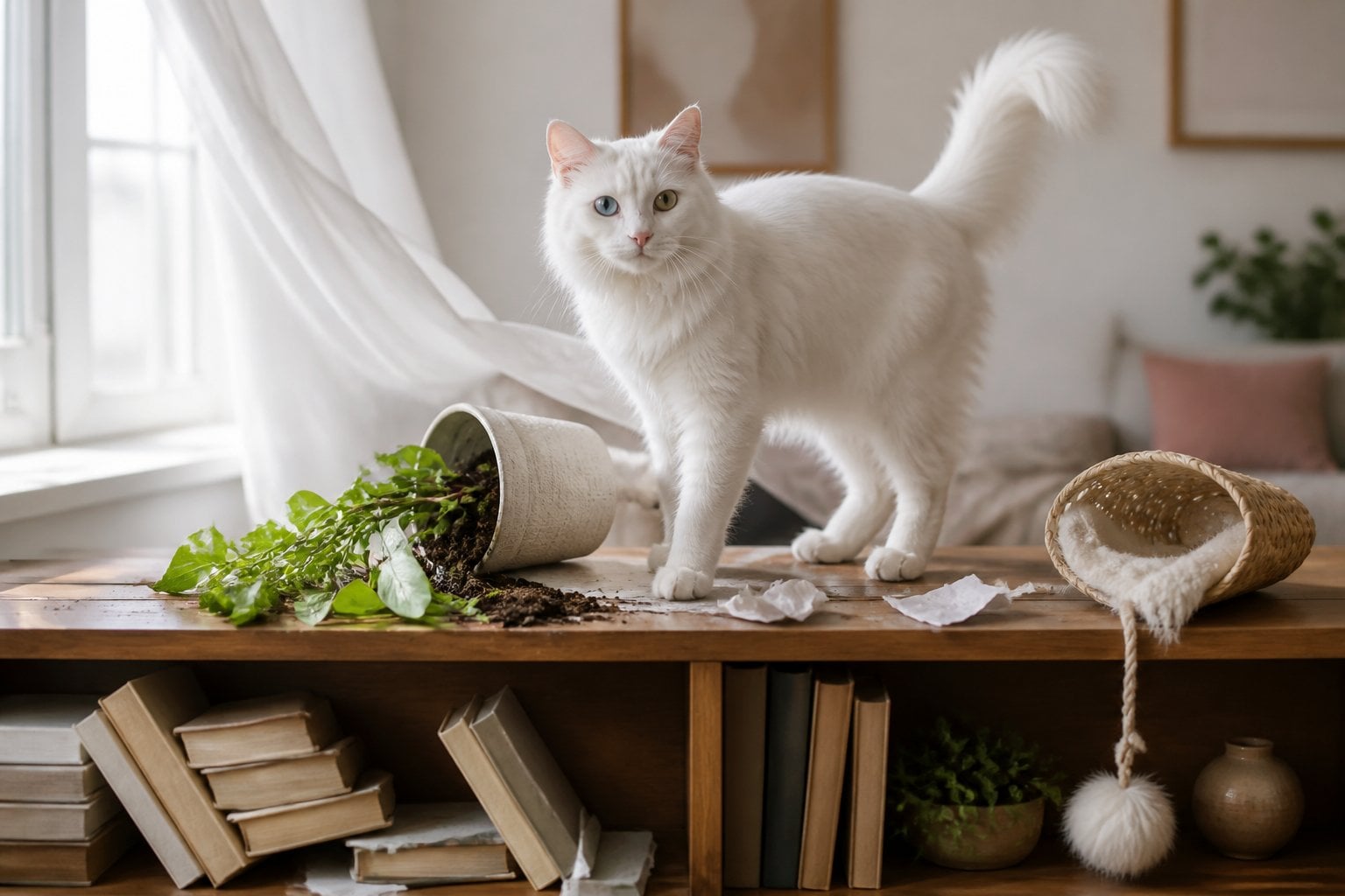A white Turkish Angora cat stands on a shelf beside a tipped-over plant and scattered household items.