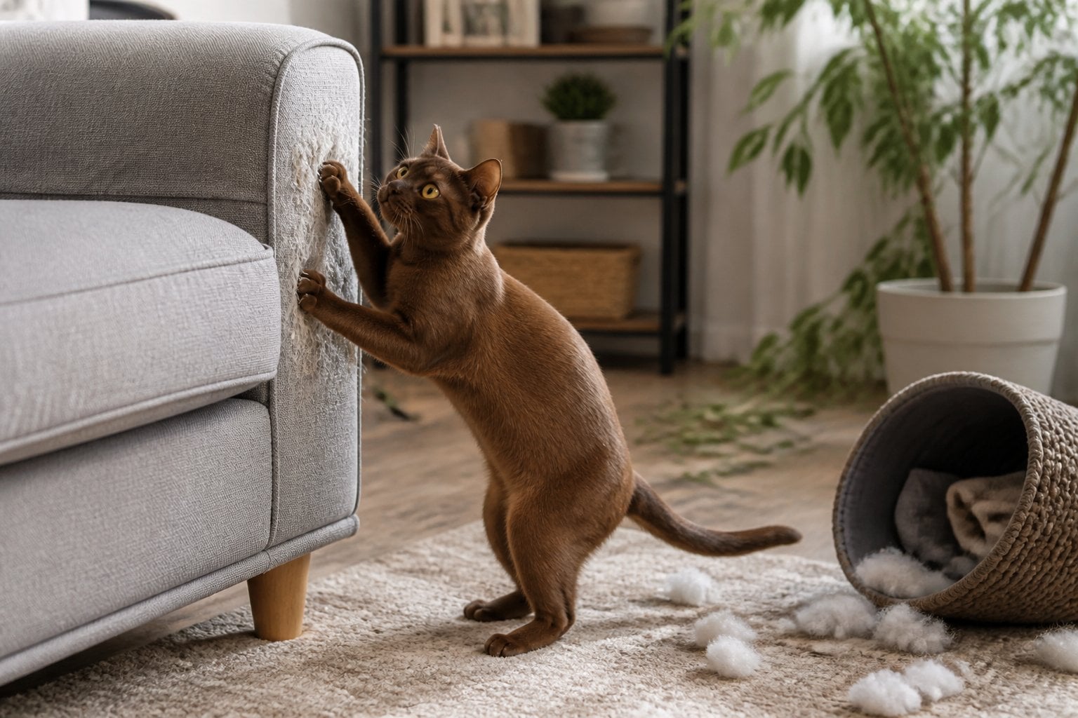 A Burmese cat scratches a sofa in a home surrounded by signs of harmless mischief.