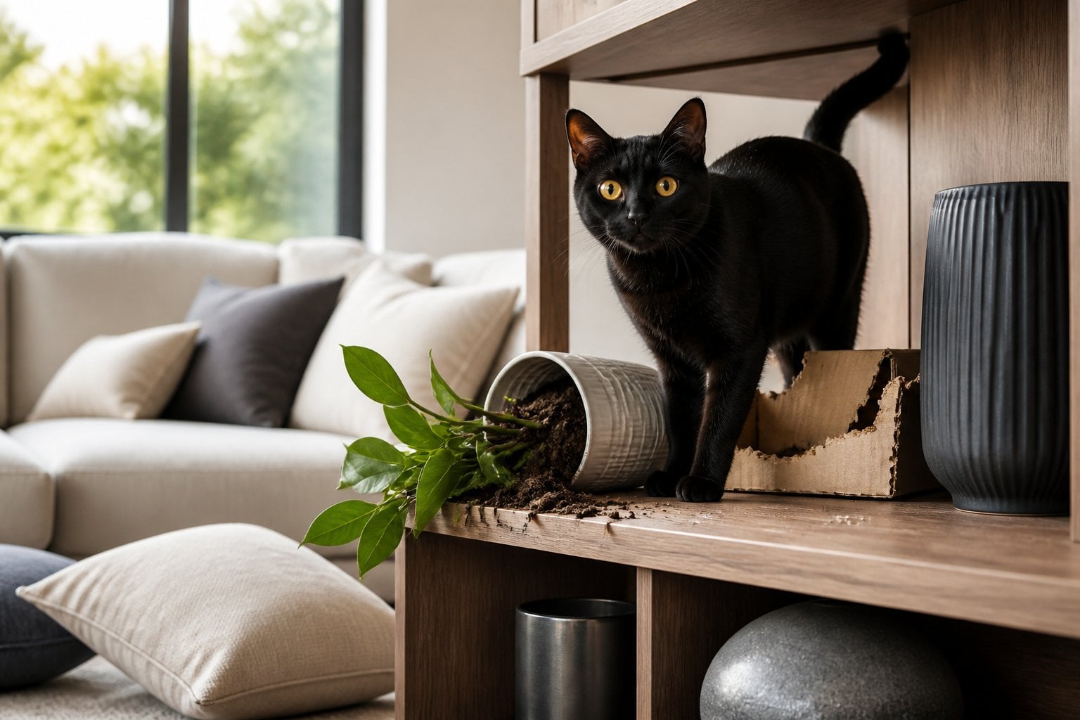 A black Bombay cat sits beside a toppled houseplant and scattered household items.