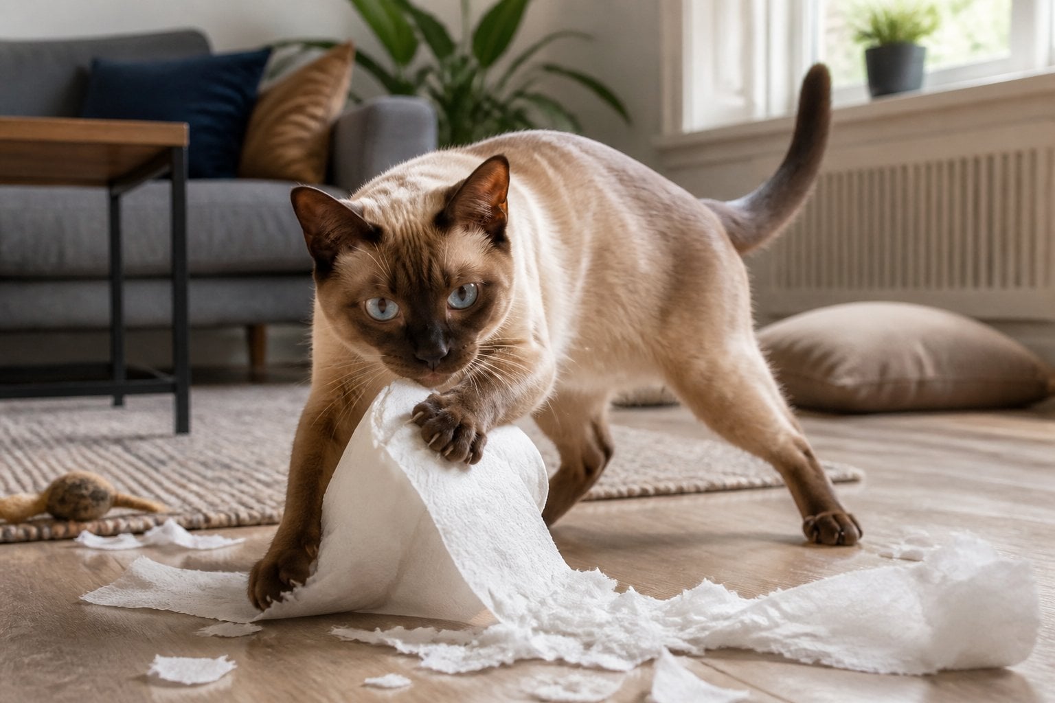 A Tonkinese cat pulls apart a roll of toilet paper on the floor in a home.
